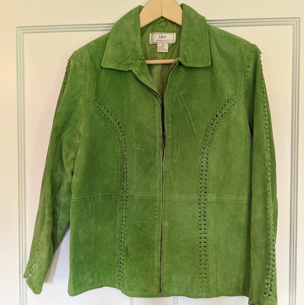 Vintage Bright Key Lime Suede Leather Zip Up Jacket with Braided Sleeve Detail M